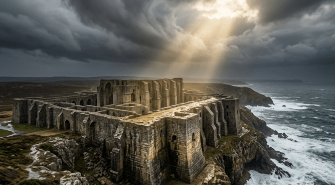 Ruined stone fortress on rocky cliffs by turbulent ocean under cloudy sky with sun rays