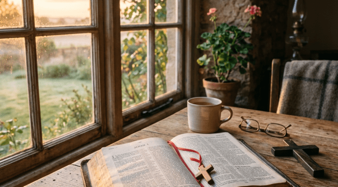 Open Bible with a cross bookmark on wooden table near window with sunlight