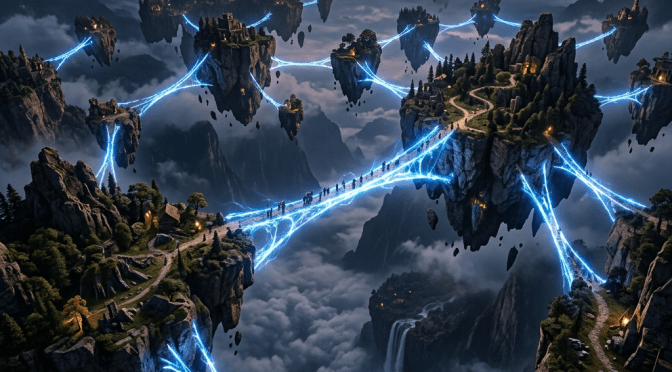Floating rocky islands connected by glowing blue energy bridges above clouds with mountainous background.