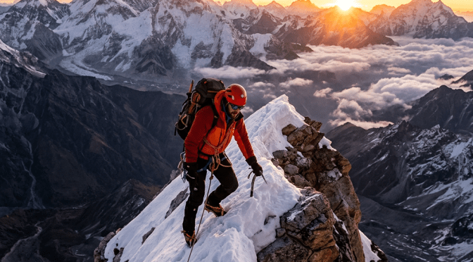 Climber dressed in red gear ascending a snow-covered rocky ridge using ice axe and rope with mountains and clouds behind