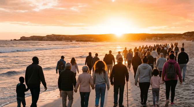 People walking on sandy beach by ocean at sunset
