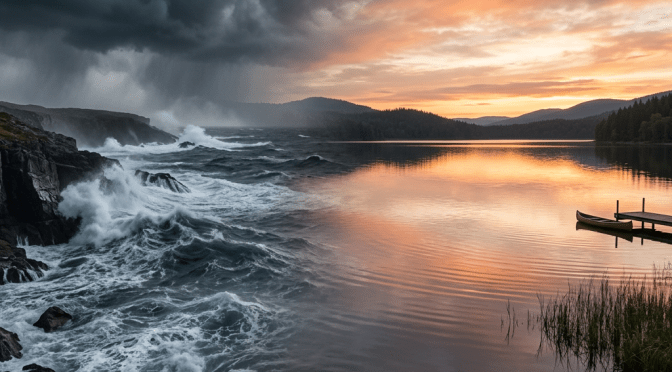 Stormy ocean waves crashing on rocky shore beside a calm lake at sunset with dock and canoe