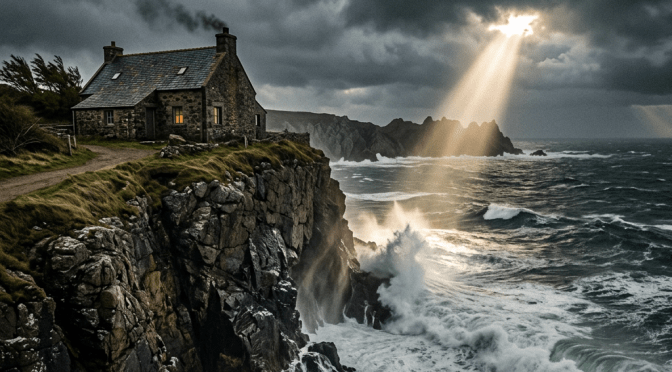 Stone cottage on cliff by rough sea with sunlight beam through dark clouds