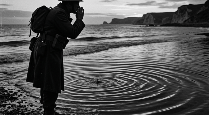 Silhouette of a soldier in helmet and military gear signaling beside water on rocky beach at sunset