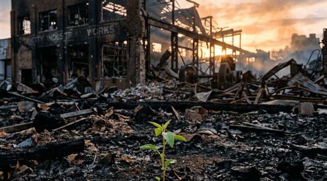 Young green plant sprouting from scorched ground in front of a destroyed industrial building