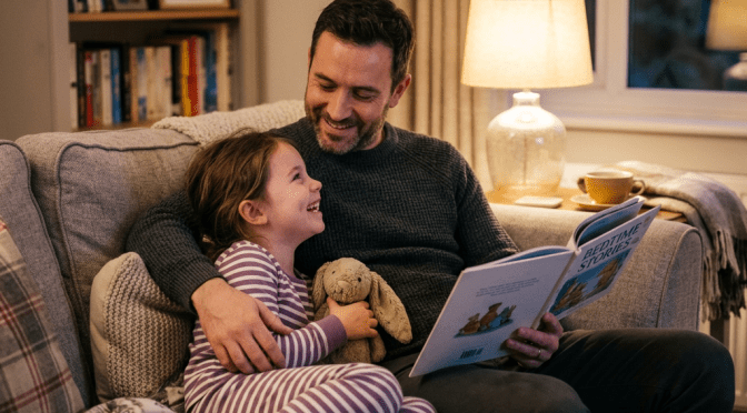 Father reading a bedtime story book to smiling daughter holding a stuffed bunny on the couch