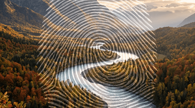 Winding river flanked by autumn forest and mountains with a translucent fingerprint overlay