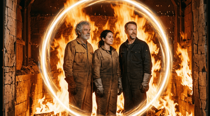 Three individuals wearing fire-resistant suits and gloves standing inside a brick forge with large flames, encircled by a glowing ring of light.
