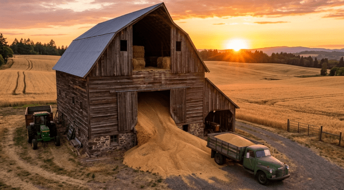 Rustic barn unloading grain into a vintage green truck at sunset in a wheat field