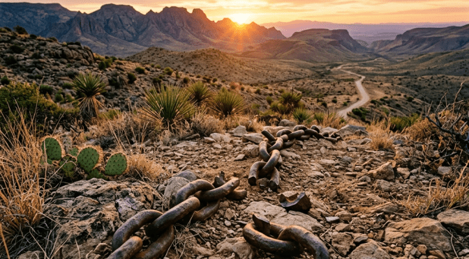 Rusty metal chain on cracked rocky soil with desert plants and mountain range at sunset