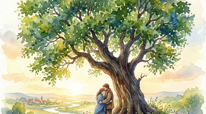 Couple hugging under large tree surrounded by flowers and fields