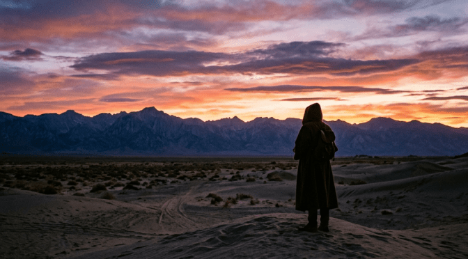 Person in dark coat standing on sand dunes at sunset with mountains and crescent moon in background