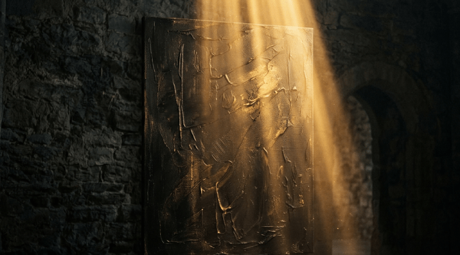 Textured abstract painting on easel illuminated by sunbeam in stone room