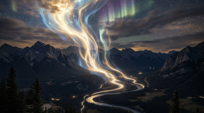 Colorful aurora borealis above winding river and forested mountains at night