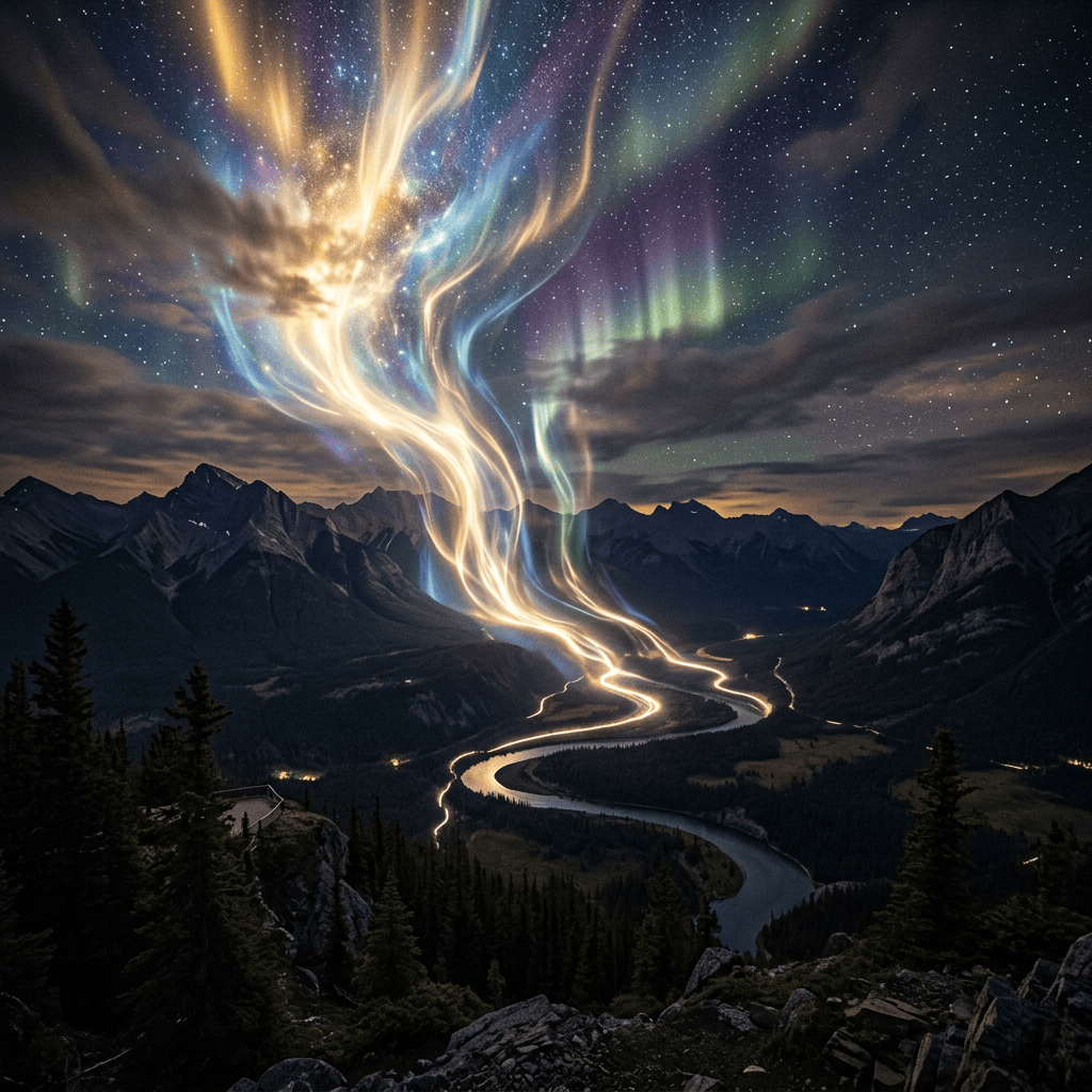 Colorful aurora borealis above winding river and forested mountains at night