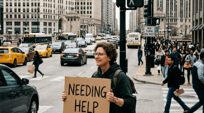 Woman holding cardboard sign saying 'Honk if you love the planet!' with a recycling symbol at a city crosswalk