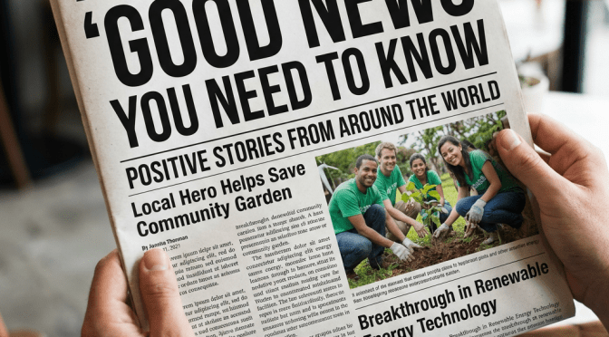 Newspaper front page with headlines about community garden hero and renewable energy breakthrough