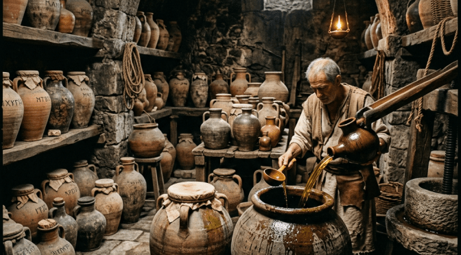 Artisan pouring liquid from large clay pitcher into a jar inside rustic pottery workshop