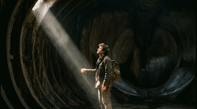 Man standing in a dark tunnel with a beam of sunlight shining on him