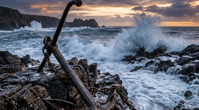 Rusty anchor and chain on rocky shore with rough ocean waves and cloudy sunset sky