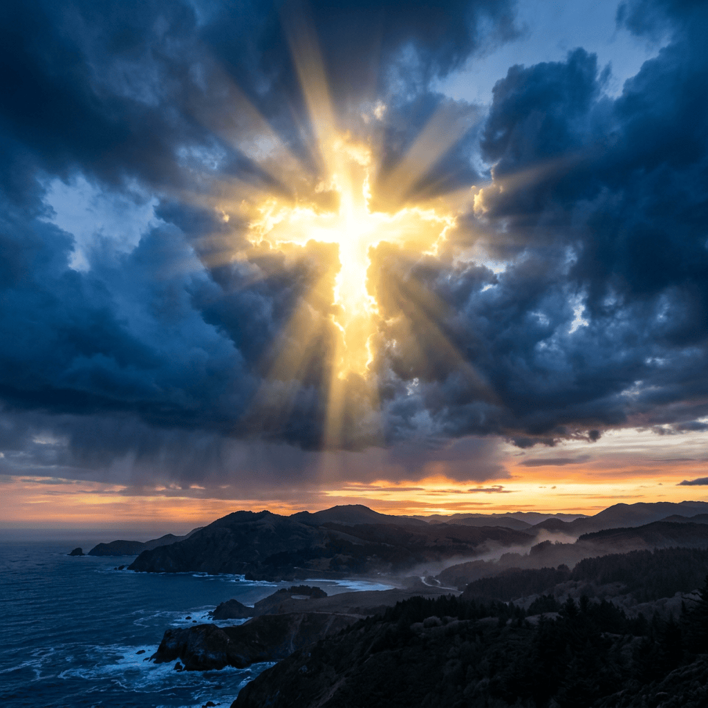 Bright cross-shaped sunrays shining through dark storm clouds above ocean coastline
