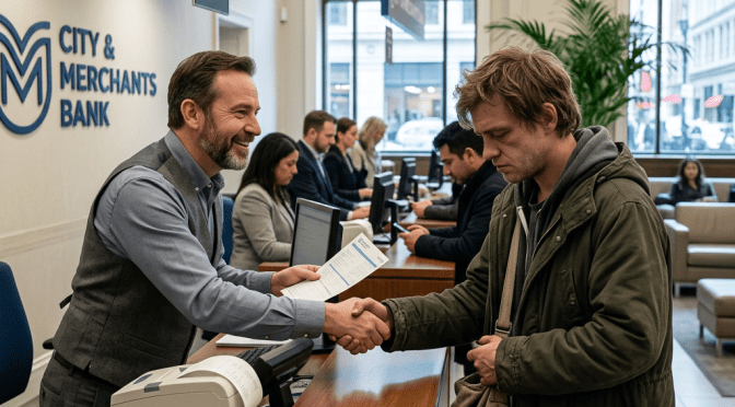 Bank teller smiling and shaking hands with customer at teller position 4 in City & Merchants Bank