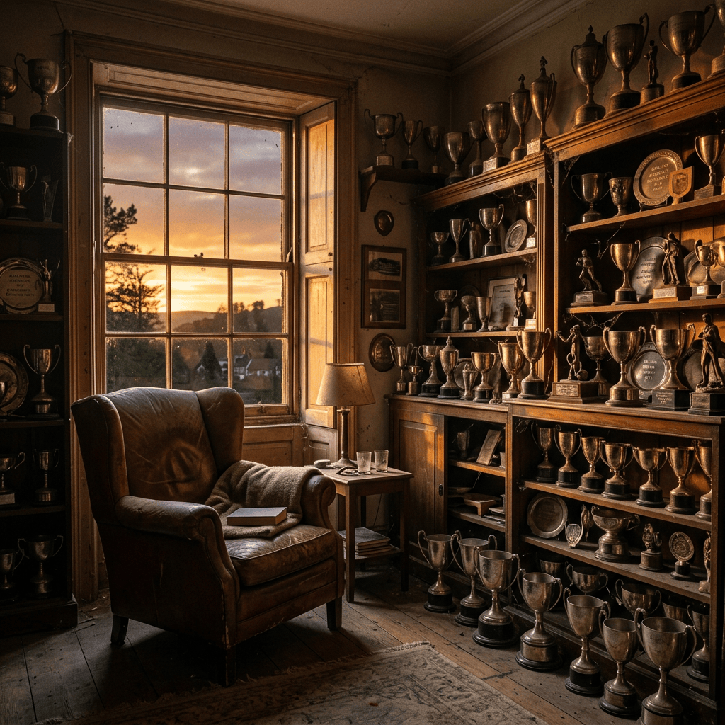 Room with leather armchair and shelves full of trophies at sunset