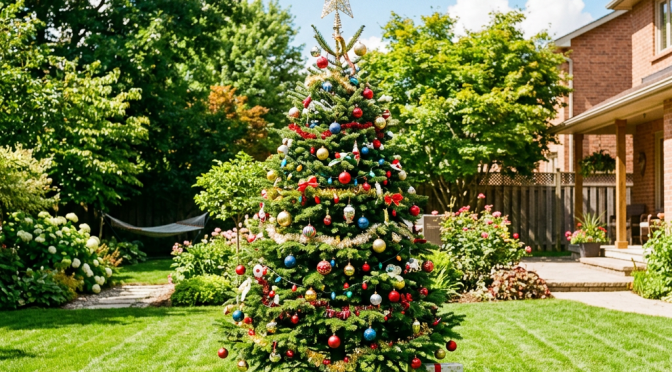 Christmas tree decorated with ornaments and lights in a backyard with grass and flowers