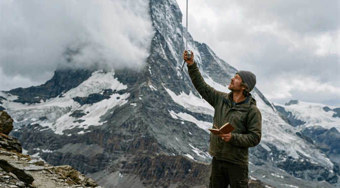 Man in outdoor clothing holding a measuring tool and notebook by mountain