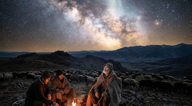 Three shepherds sitting around a campfire at night with sheep grazing and the Milky Way galaxy visible in the sky