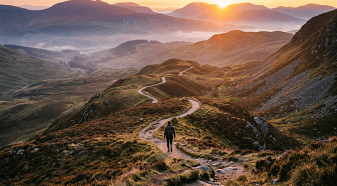 Person hiking on a winding mountain trail at sunset