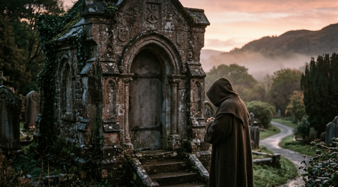 A hooded monk standing and praying near an old stone crypt in a graveyard at dawn.