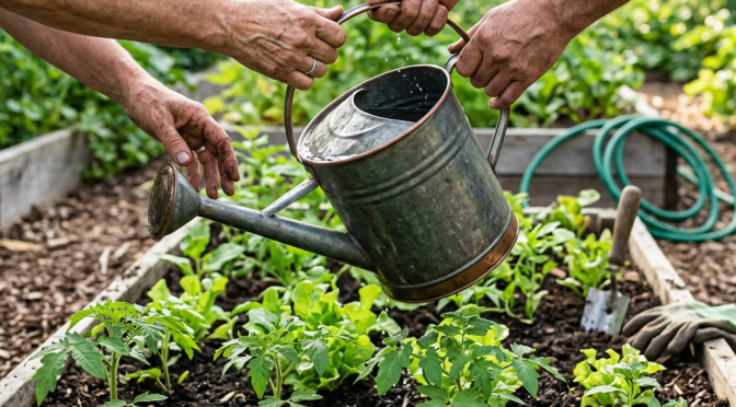 Two people collaboratively watering plants in a garden bed using a metal watering can