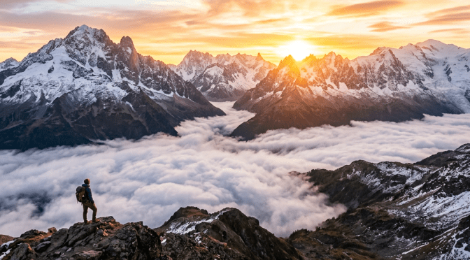 Hiker on rocky ridge with snow-capped mountains and clouds at sunrise