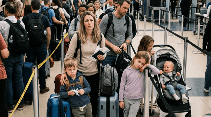 Crowded airport security checkpoint line with frustrated family and travelers