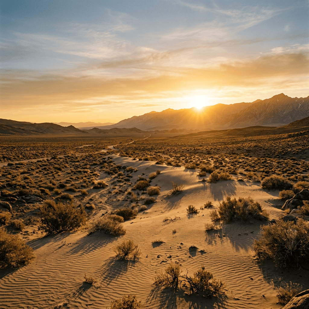 Desert landscape with sand dunes, scattered bushes, and mountains in the background at sunset