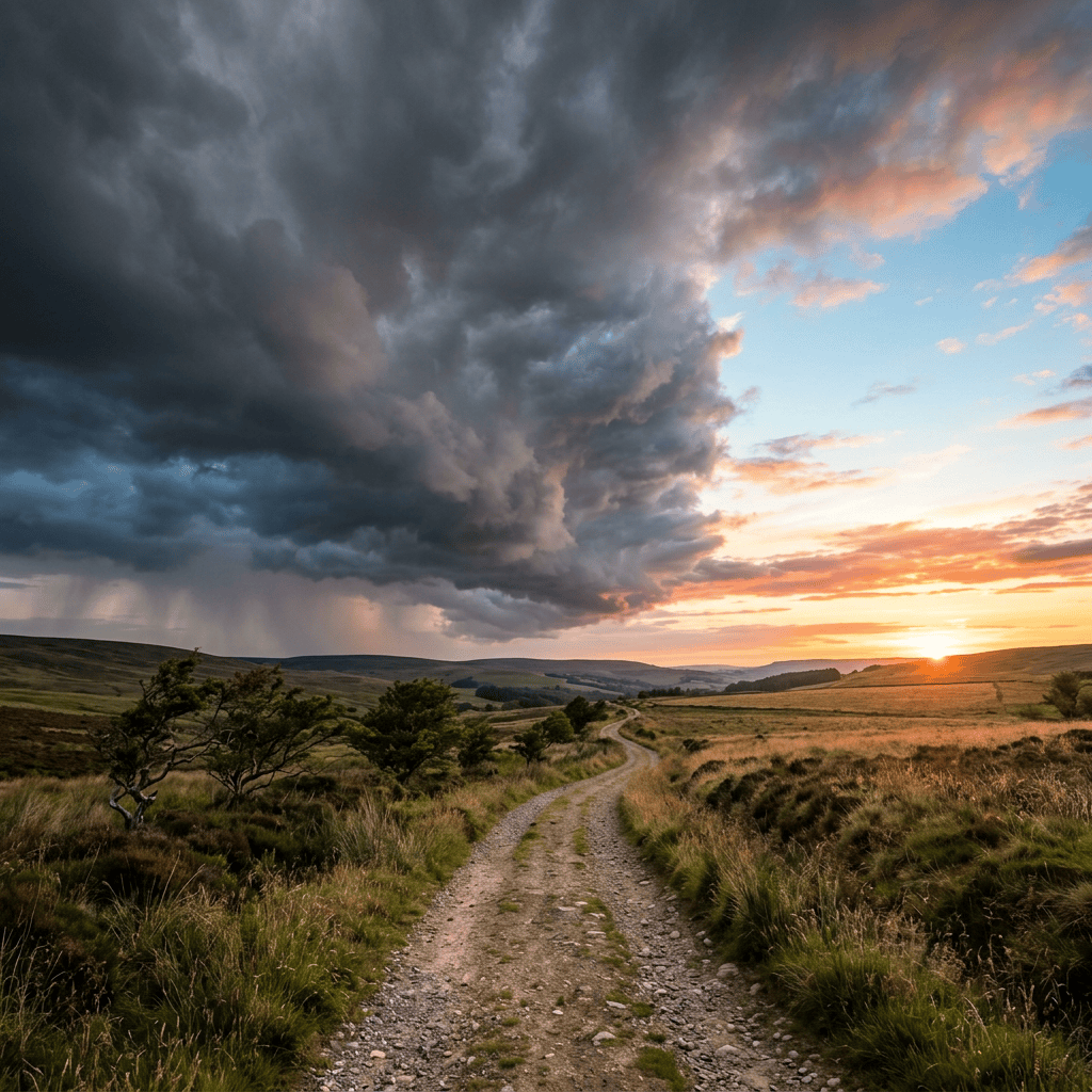 Dirt road through green fields with dark storm clouds and setting sun