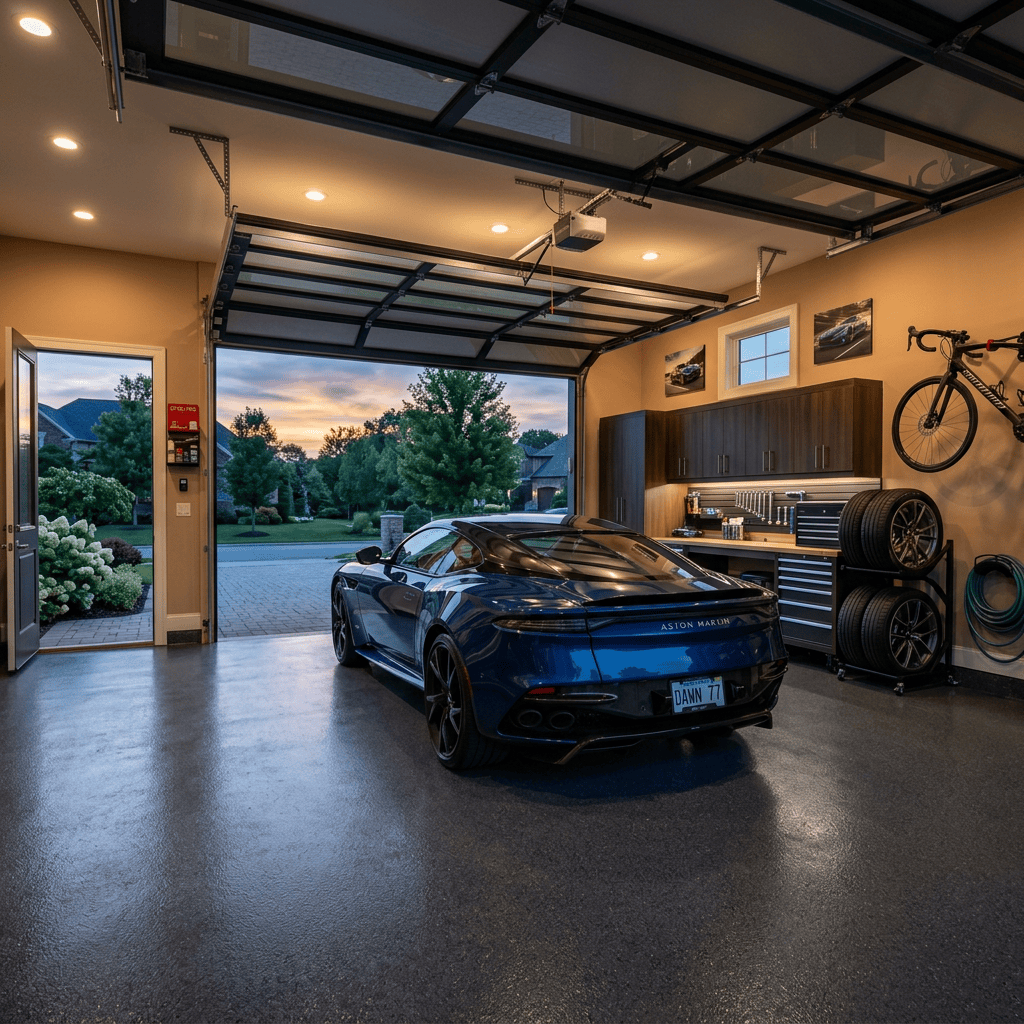 Blue Aston Martin sports car parked in a spacious, organized garage with tools, cabinets, and bike