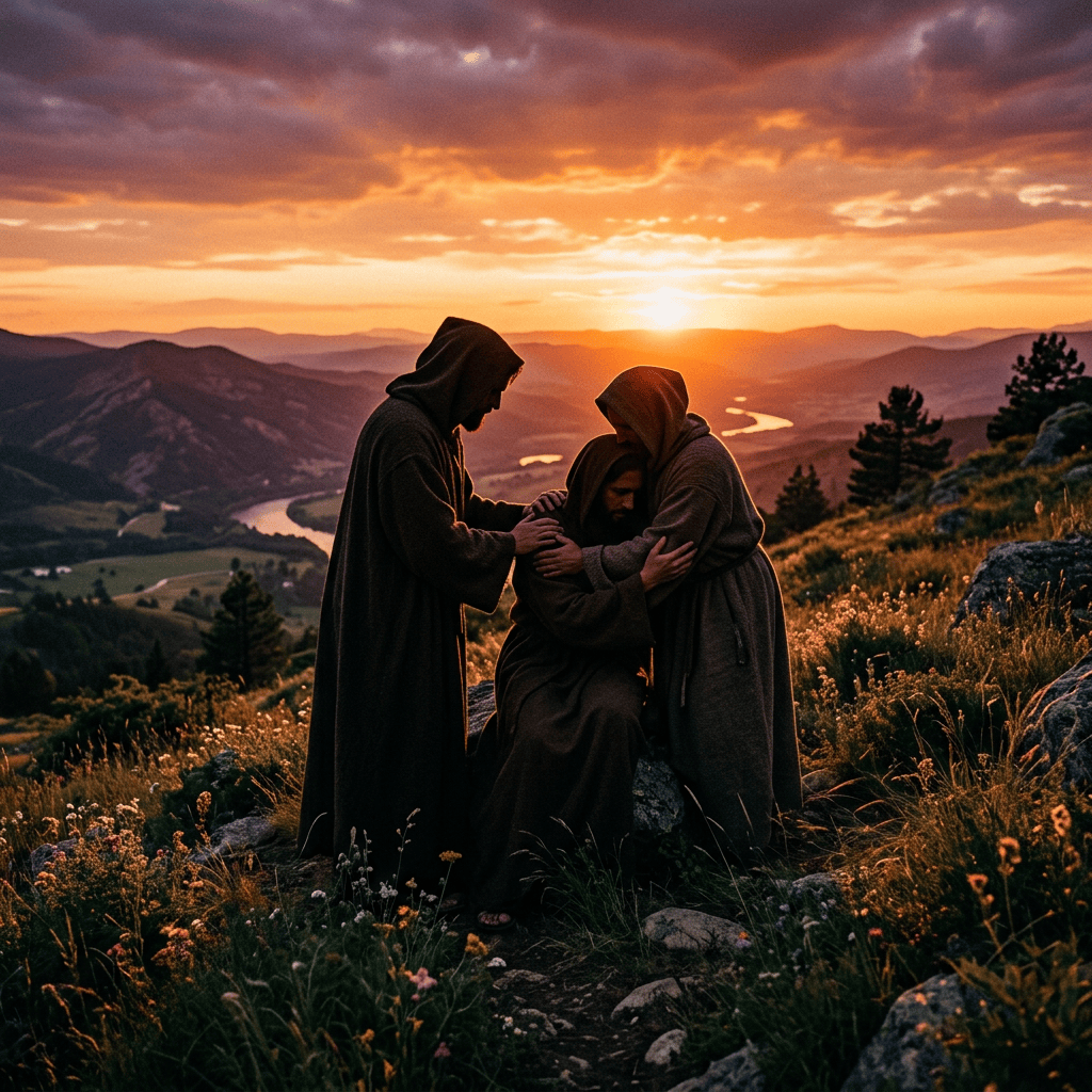 Three people in hooded robes embracing on a hillside at sunset with mountains and river in the background