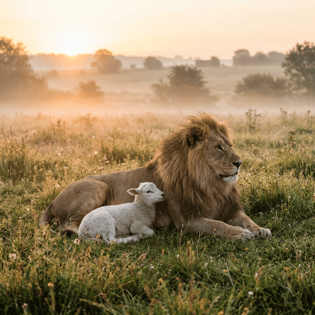 Lion lying beside a lamb in a grassy field during sunrise