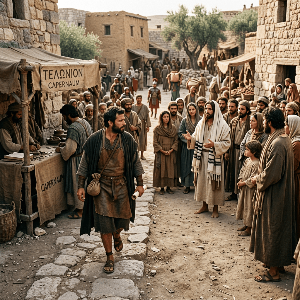 A man in white robes speaking to a crowd in an ancient town with stone buildings and a tax booth labeled Capernaum