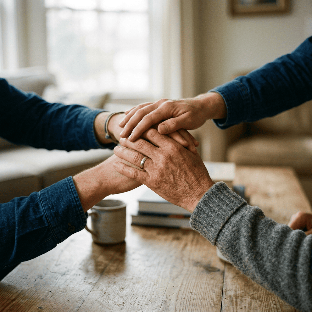 Two people holding hands on a wooden table as a sign of support