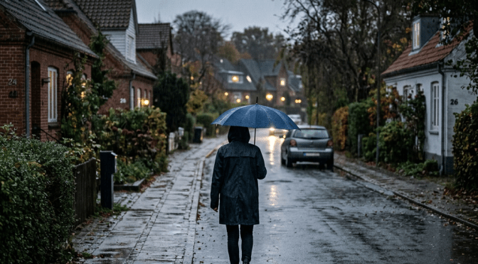 Person walking on wet street under blue umbrella in rainy weather