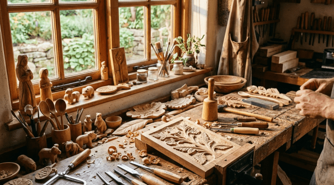 Woodcarving tools and detailed wooden pieces on a workbench by a window
