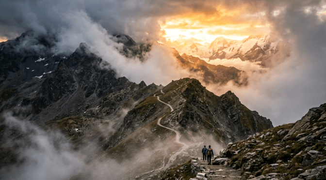 Two hikers on a rocky mountain trail beneath storm clouds