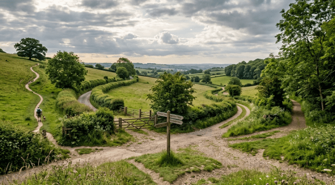 Winding footpaths through green countryside with a wooden signpost