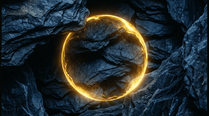 Glowing golden sphere suspended among dark rocks inside a cavern