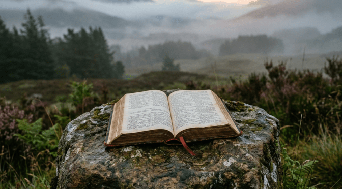 Open book resting on a mossy stone in misty mountain landscape