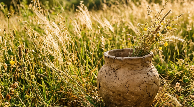 Weathered clay vase filled with wild grasses and flowers in a meadow
