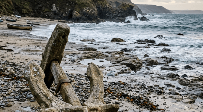 Weathered anchor on a rocky beach beneath rugged coastal cliffs